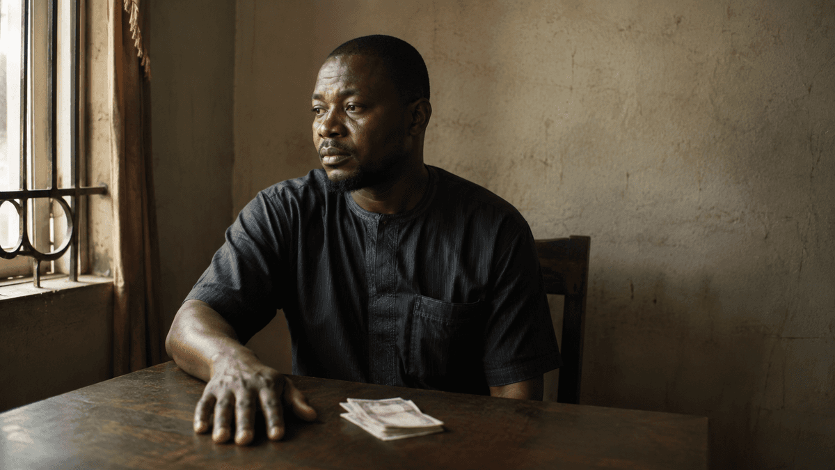 Man sitting at a table with naira notes